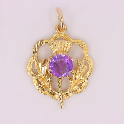 Vintage 9ct Hallmarked Gold Scottish Thistle Pendant Purple Stone Charm