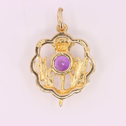 Vintage 9ct Hallmarked Gold Scottish Thistle Pendant Purple Stone Charm