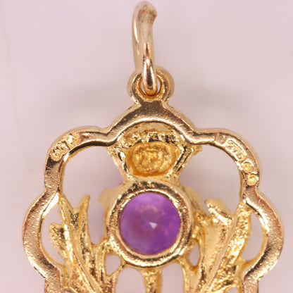 Vintage 9ct Hallmarked Gold Scottish Thistle Pendant Purple Stone Charm