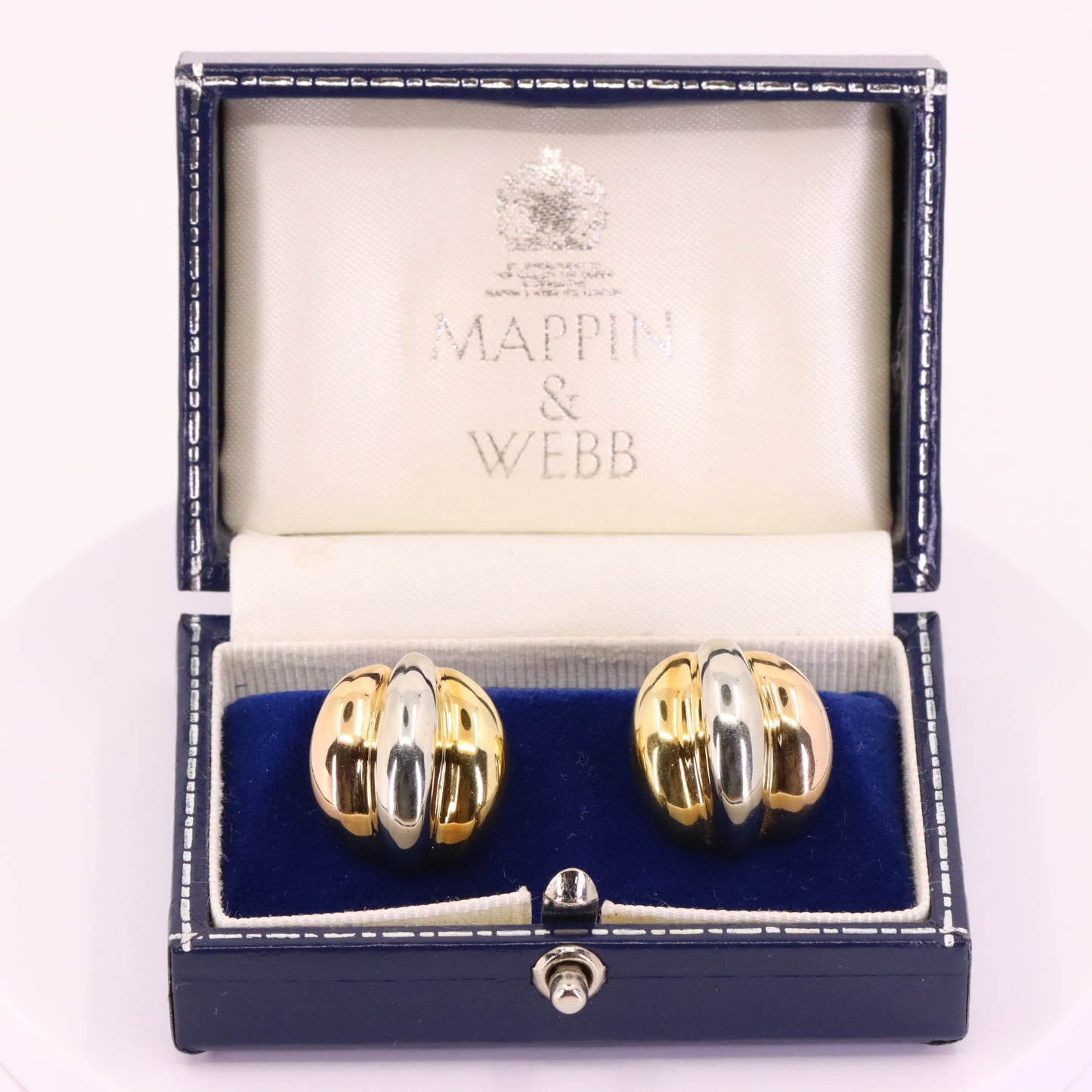 Vintage 18ct Hallmarked Two Tone Gold Mappin & Webb Latch Back Earrings Boxed