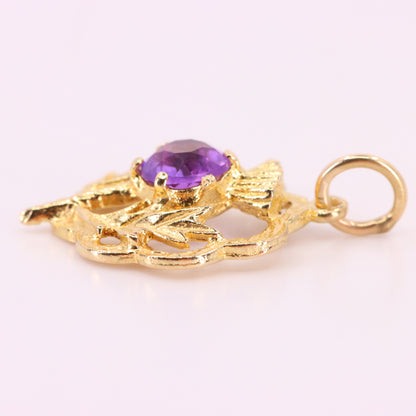 Vintage 9ct Hallmarked Gold Scottish Thistle Pendant Purple Stone Charm