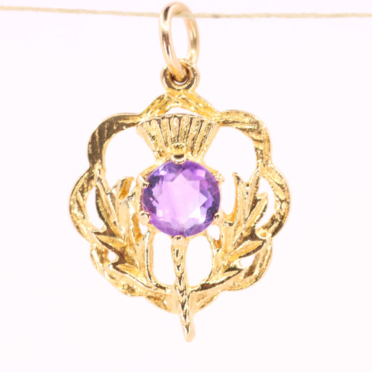 Vintage 9ct Hallmarked Gold Scottish Thistle Pendant Purple Stone Charm
