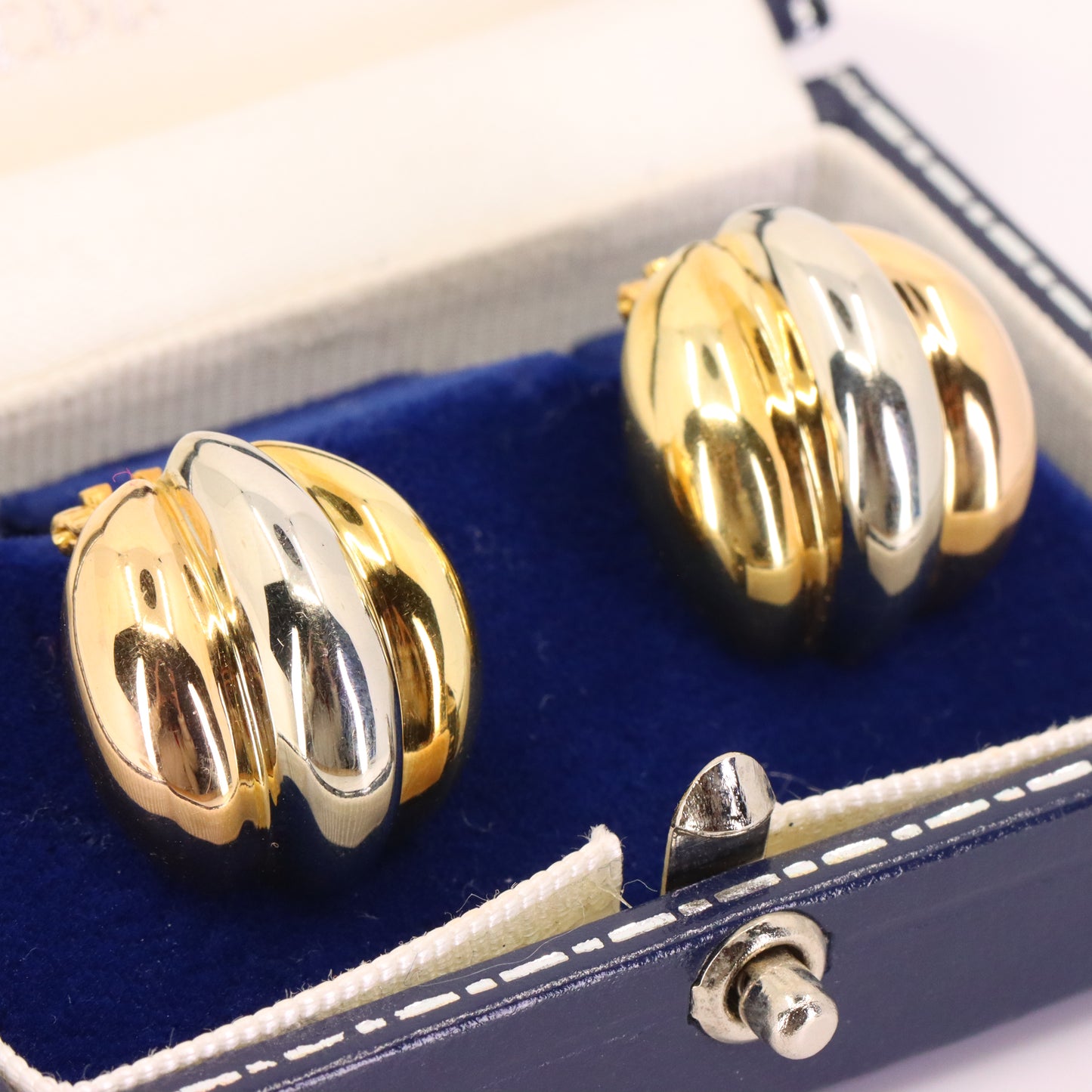 Vintage 18ct Hallmarked Two Tone Gold Mappin & Webb Latch Back Earrings Boxed