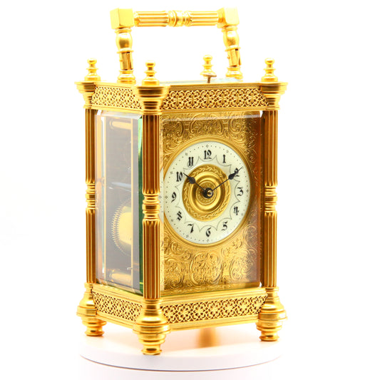 Antique Carriage Clock Repeating 1900 French Brass Gilt 8 Day Lantern Clock Boxed
