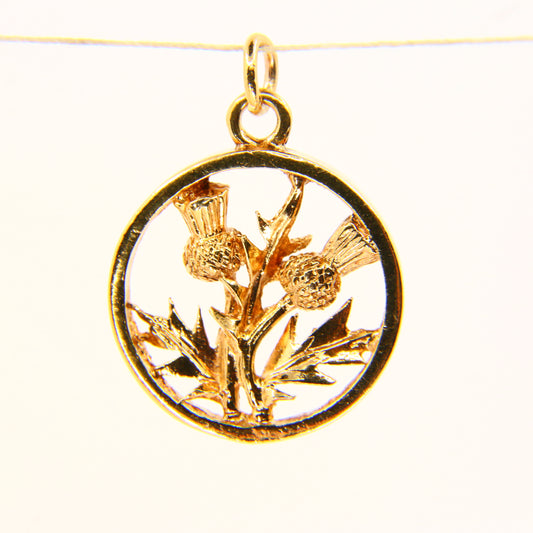 Vintage 9ct Circle Thistle Pendant 9 Carat Hallmarked Yellow Gold Charm Scottish Flower of Scotland Gift