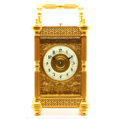 Antique Carriage Clock Repeating 1900 French Gilt 8 Day Clock Boxed