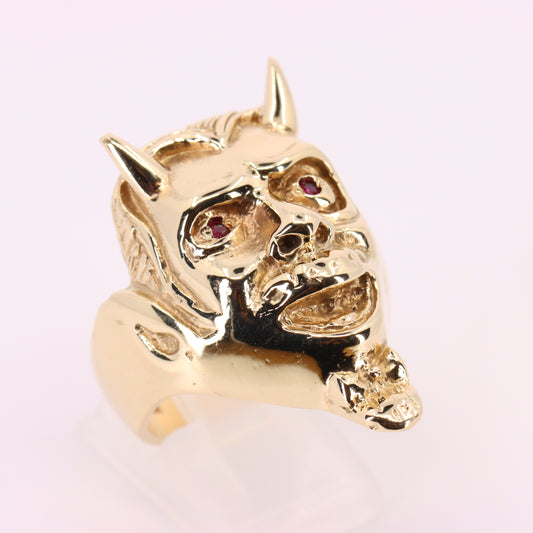 Vintage 9ct Hallmarked Gold Devil Head Ring UK Size U1/2 Red Eyed Statement Ring