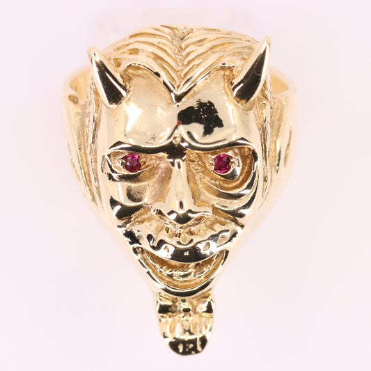 Vintage 9ct Hallmarked Gold Devil Head Ring UK Size U1/2 Red Eyed Statement Ring