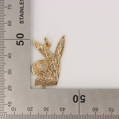 Vintage 9ct Yellow Gold Playboy Bunny Pendant Diamond Eye Bow Tie Charm Gift