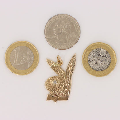 Vintage 9ct Yellow Gold Playboy Bunny Pendant Diamond Eye Bow Tie Charm Gift