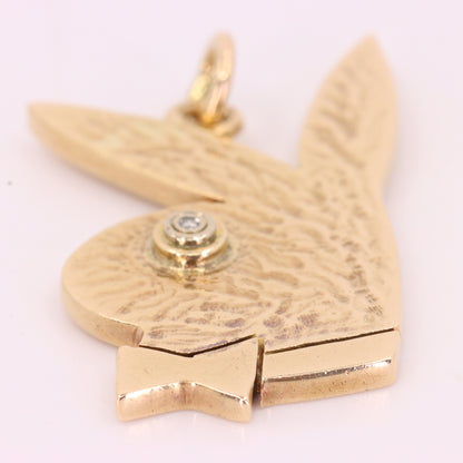 Vintage 9ct Yellow Gold Playboy Bunny Pendant Diamond Eye Bow Tie Charm Gift