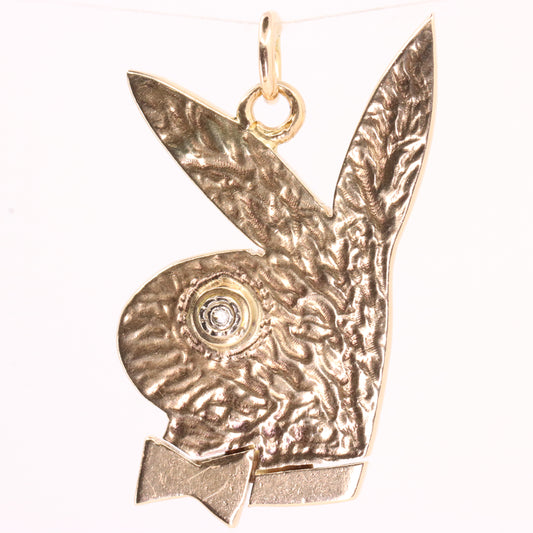 Vintage 9ct Yellow Gold Playboy Bunny Pendant Diamond Eye Bow Tie Charm Gift