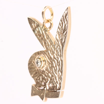 Vintage 9ct Yellow Gold Playboy Bunny Pendant Diamond Eye Bow Tie Charm Gift