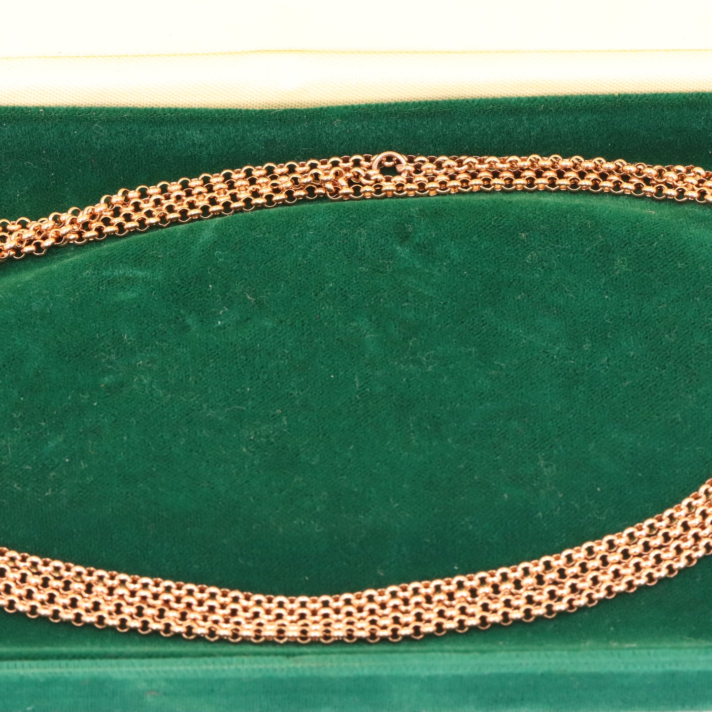 Antique 9ct Rose Gold Hallmarked 60 Inches 2mm Belcher Muff Chain Necklace Boxed