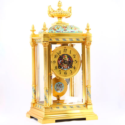 Antique Clock French Champleve Enamel Four Glass Mantel Clock Serviced & Running