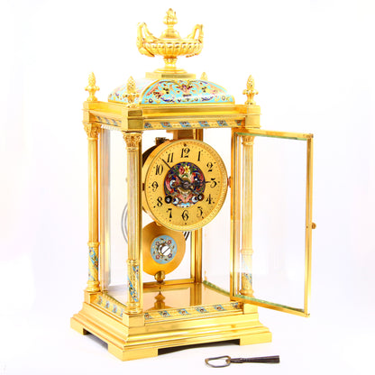 Antique Clock French Champleve Enamel Four Glass Mantel Clock Serviced & Running