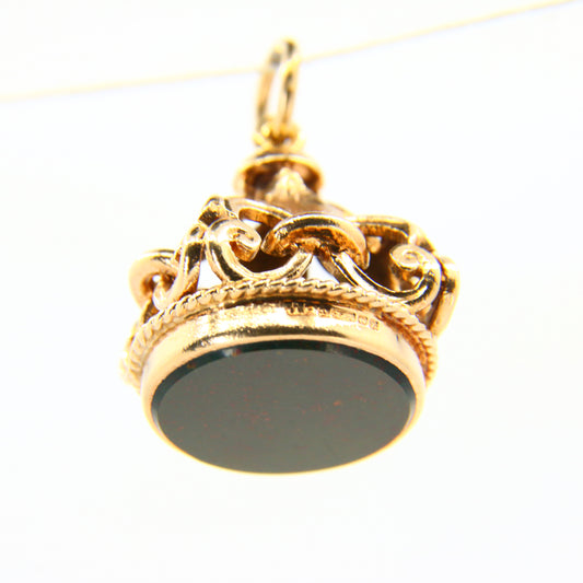 Vintage 9ct Bloodstone Drop Fob Pendant Floral Yellow Gold Hallmarked 1973 Charm