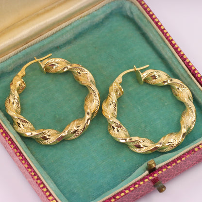 Vintage 9ct Hallmarked Yellow Gold Twist Creole Hoop Earrings Boxed Gift