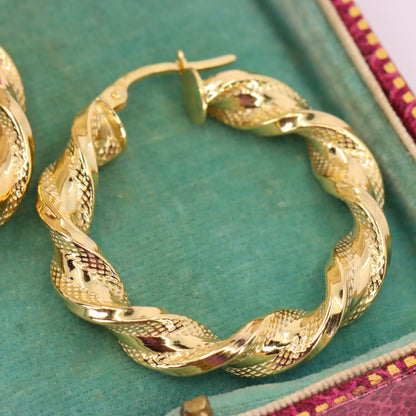 Vintage 9ct Hallmarked Yellow Gold Twist Creole Hoop Earrings Boxed Gift