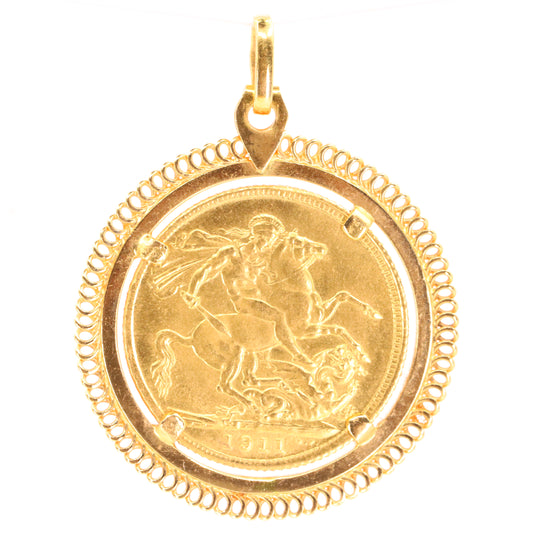 Antique 1911 Full Sovereign Coin Pendant 21ct Gold Mount George V Investment Gift