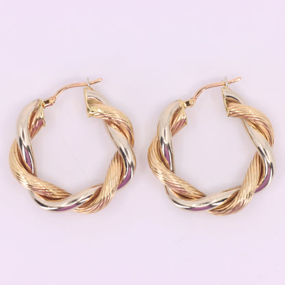 Vintage 9ct Hallmarked Two Tone Gold Twist Creole Hoop Earrings Boxed Gift