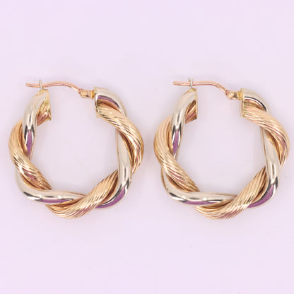 Vintage 9ct Hallmarked Two Tone Gold Twist Creole Hoop Earrings Boxed Gift