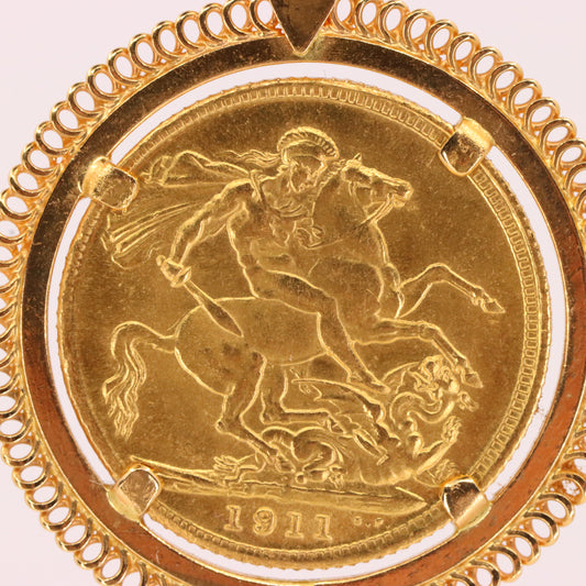 Antique 1911 Full Sovereign Coin Pendant 21ct Gold Mount George V Investment Gift
