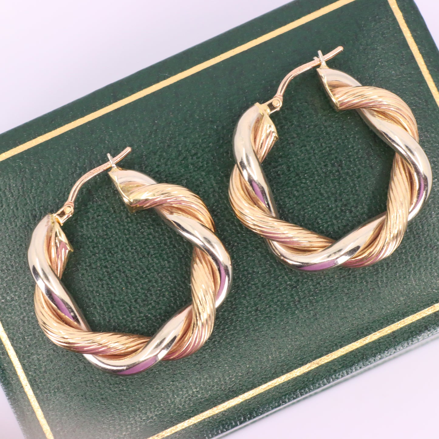 Vintage 9ct Hallmarked Two Tone Gold Twist Creole Hoop Earrings Boxed Gift