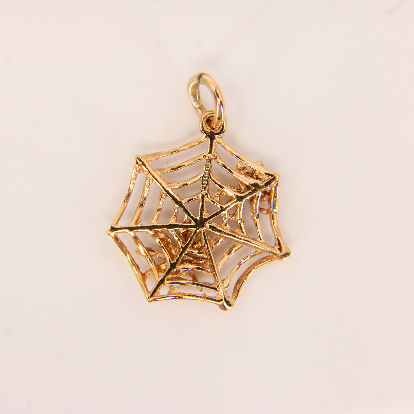 Vintage 9ct 3D Spiderweb Spider and Fly Charm Pendant Hallmarked Yellow Gold