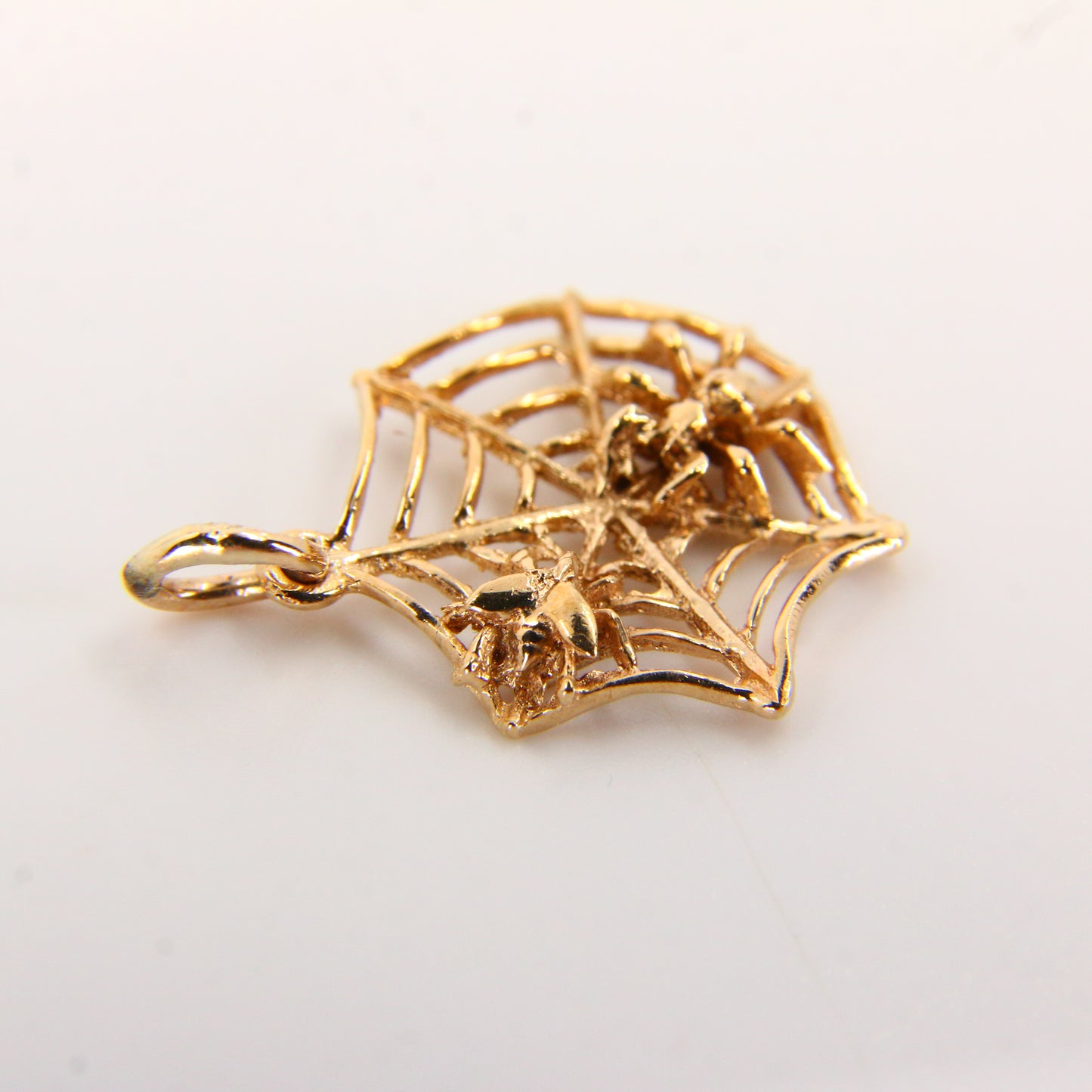 Vintage 9ct 3D Spiderweb Spider and Fly Charm Pendant Hallmarked Yellow Gold