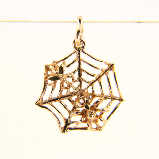 Vintage 9ct 3D Spiderweb Spider and Fly Charm Pendant Hallmarked Yellow Gold