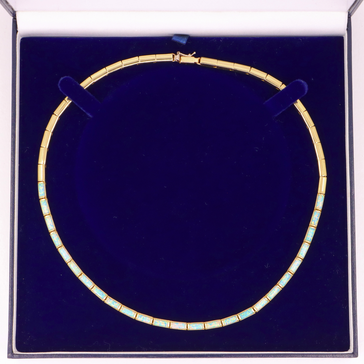 Vintage 14ct Hallmarked Yellow Gold Opal Panel Link Necklace 17.5 Inch Boxed