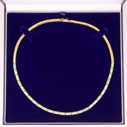 Vintage 14ct Hallmarked Yellow Gold Opal Panel Link Necklace 17.5 Inch Boxed