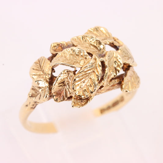 Vintage 9ct Hallmarked Yellow Gold Floral Leaf Ring UK Size N 1/2 Boxed Gift