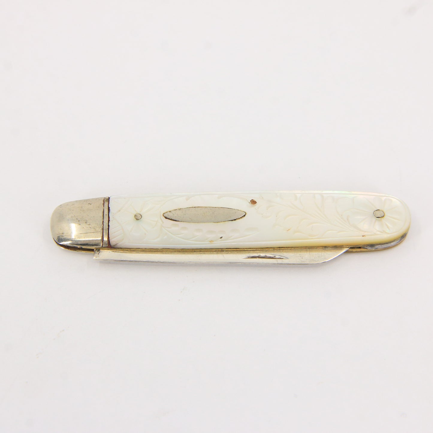 Antique Sterling Silver Hallmarked Mother Pearl Floral Inlay Folding Fruit Knife 1921