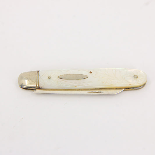 Antique Sterling Silver Hallmarked Mother Pearl Floral Inlay Folding Fruit Knife 1921