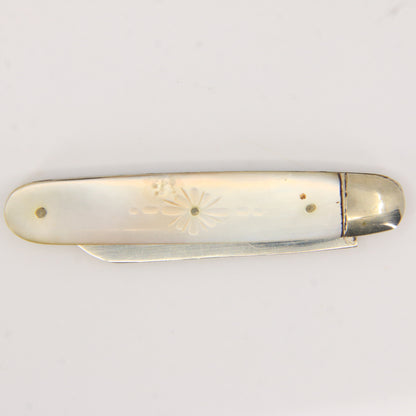 Antique Sterling Silver Hallmarked Mother Pearl Floral Inlay Folding Fruit Knife 1921