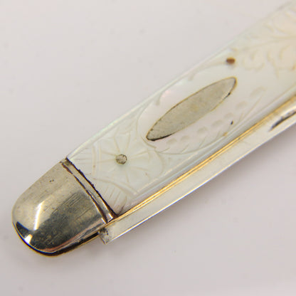 Antique Sterling Silver Hallmarked Mother Pearl Floral Inlay Folding Fruit Knife 1921