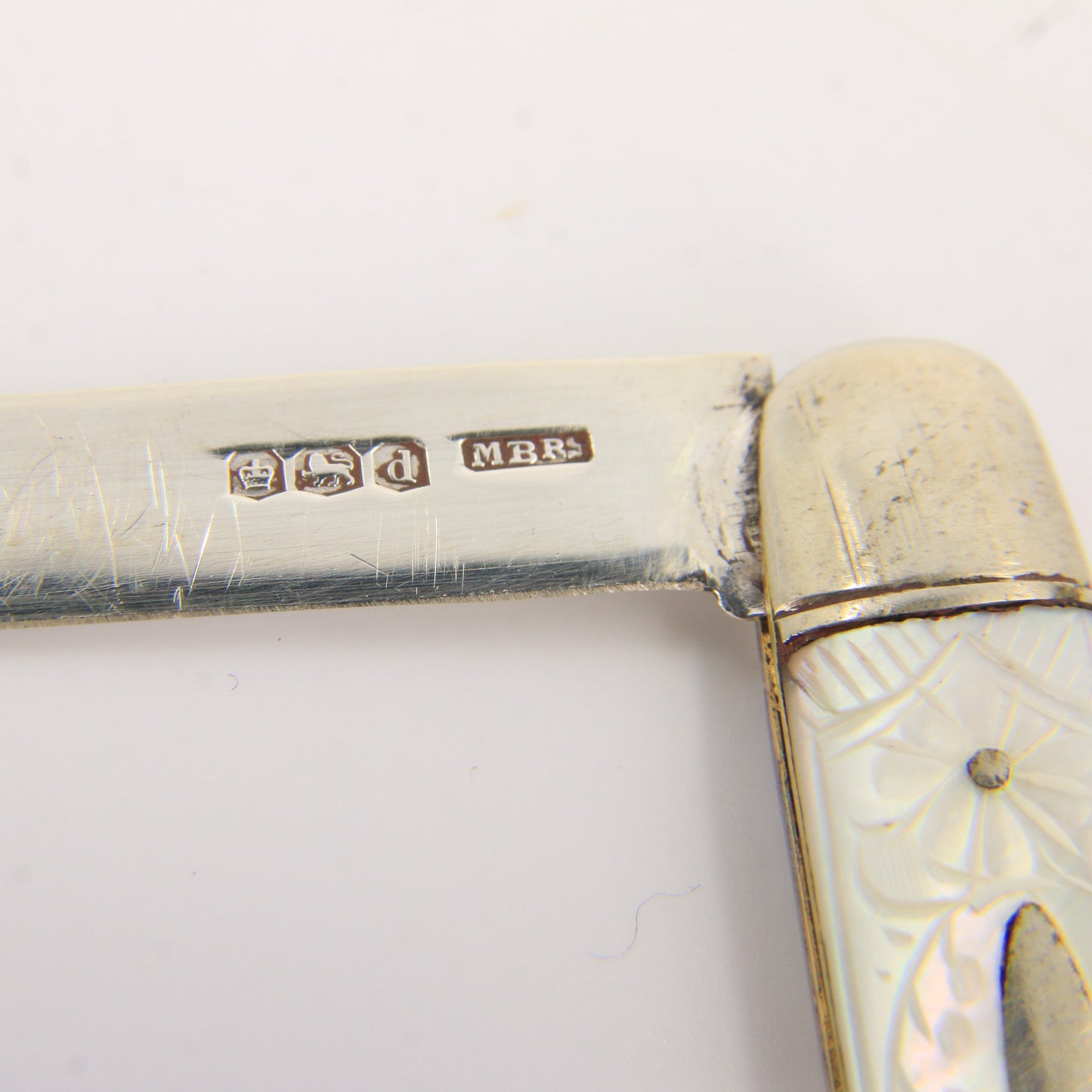 Antique Sterling Silver Hallmarked Mother Pearl Floral Inlay Folding Fruit Knife 1921