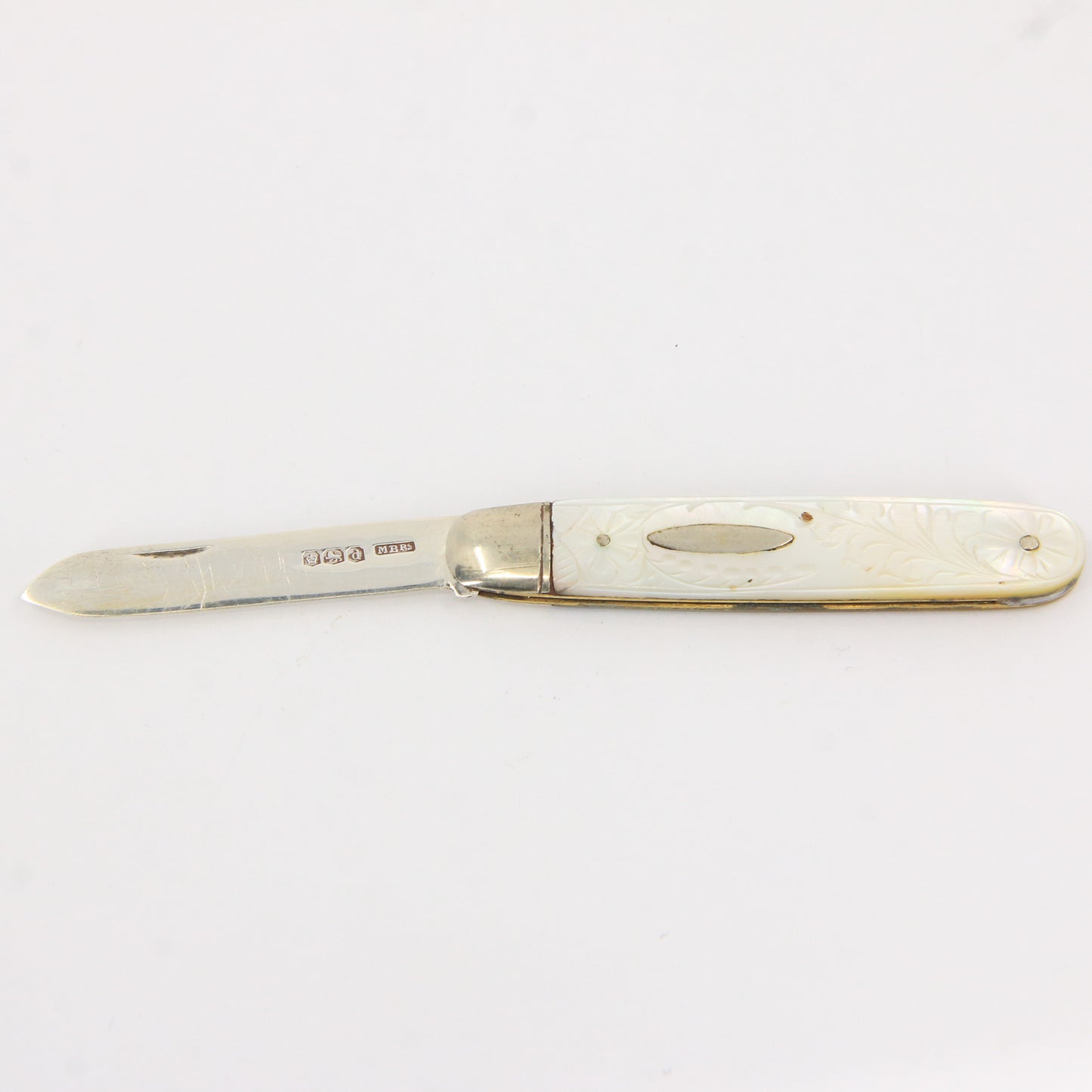 Antique Sterling Silver Hallmarked Mother Pearl Floral Inlay Folding Fruit Knife 1921