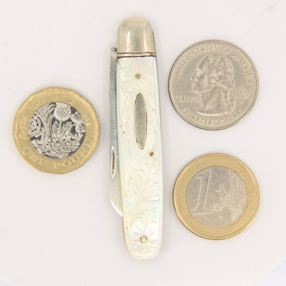 Antique Sterling Silver Hallmarked Mother Pearl Floral Inlay Folding Fruit Knife 1921
