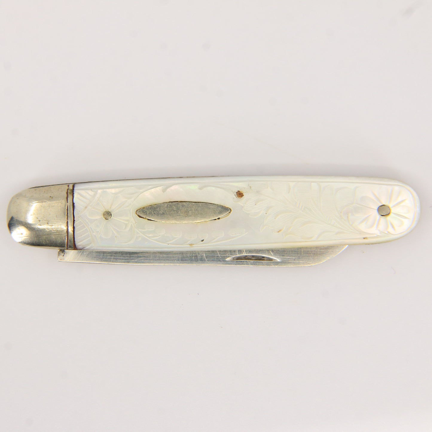 Antique Sterling Silver Hallmarked Mother Pearl Floral Inlay Folding Fruit Knife 1921