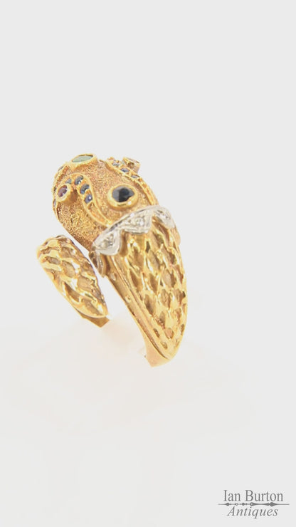 Vintage 18k Gold Snake Ring Emerald Topaz Diamond Coiled Serpent Gift