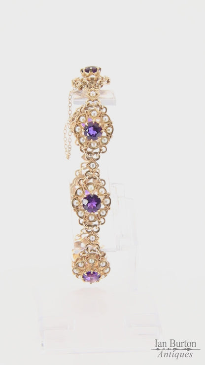 Antique 9ct Gold Hallmarked Scottish Bracelet Amethyst Seed Pearl Boxed Gift
