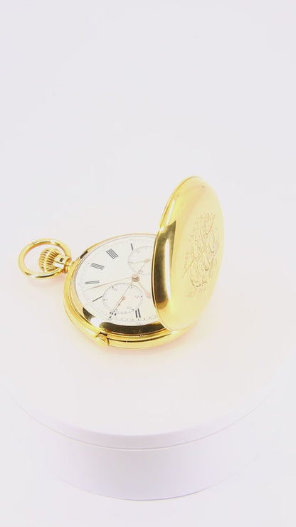 Antique 18 Carat Gold Chronograph Pocket Watch Free Sprung Minute Recording Boxed Running