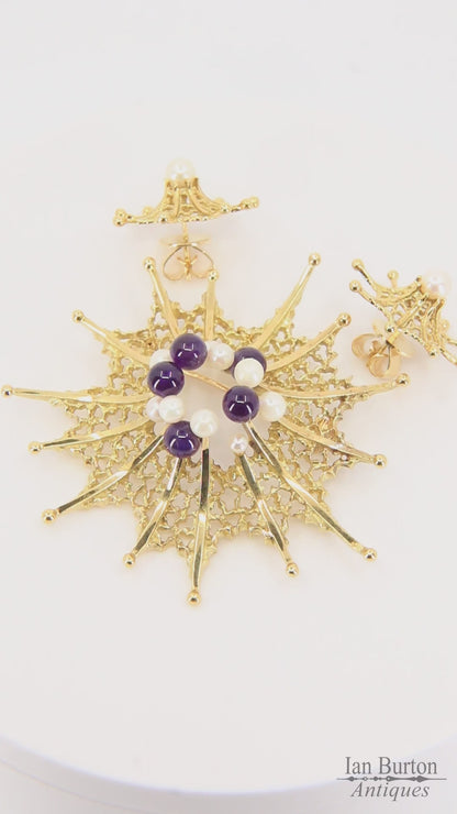 Vintage 18ct Hallmarked Stuart Devlin Jewellery Set Gold Brooch & Stud Earrings Amethyst Pearls