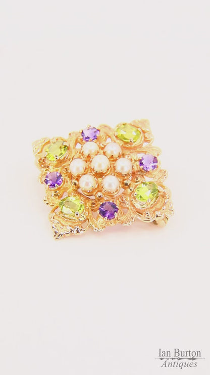 Vintage 9ct Suffragette Brooch Peridot Amethyst & Seed Pearl Hallmarked Yellow Gold Boxed