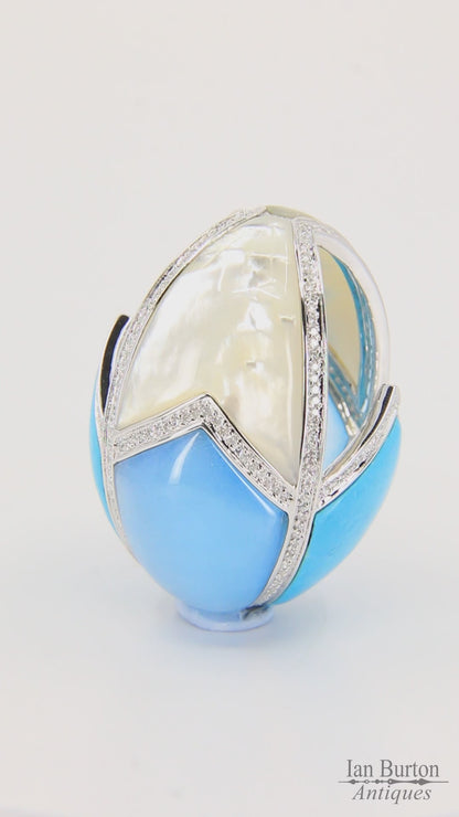 Vintage Large 18ct Gold Turquoise & Mother of Pearl 1.95ct Diamond Egg Pendant